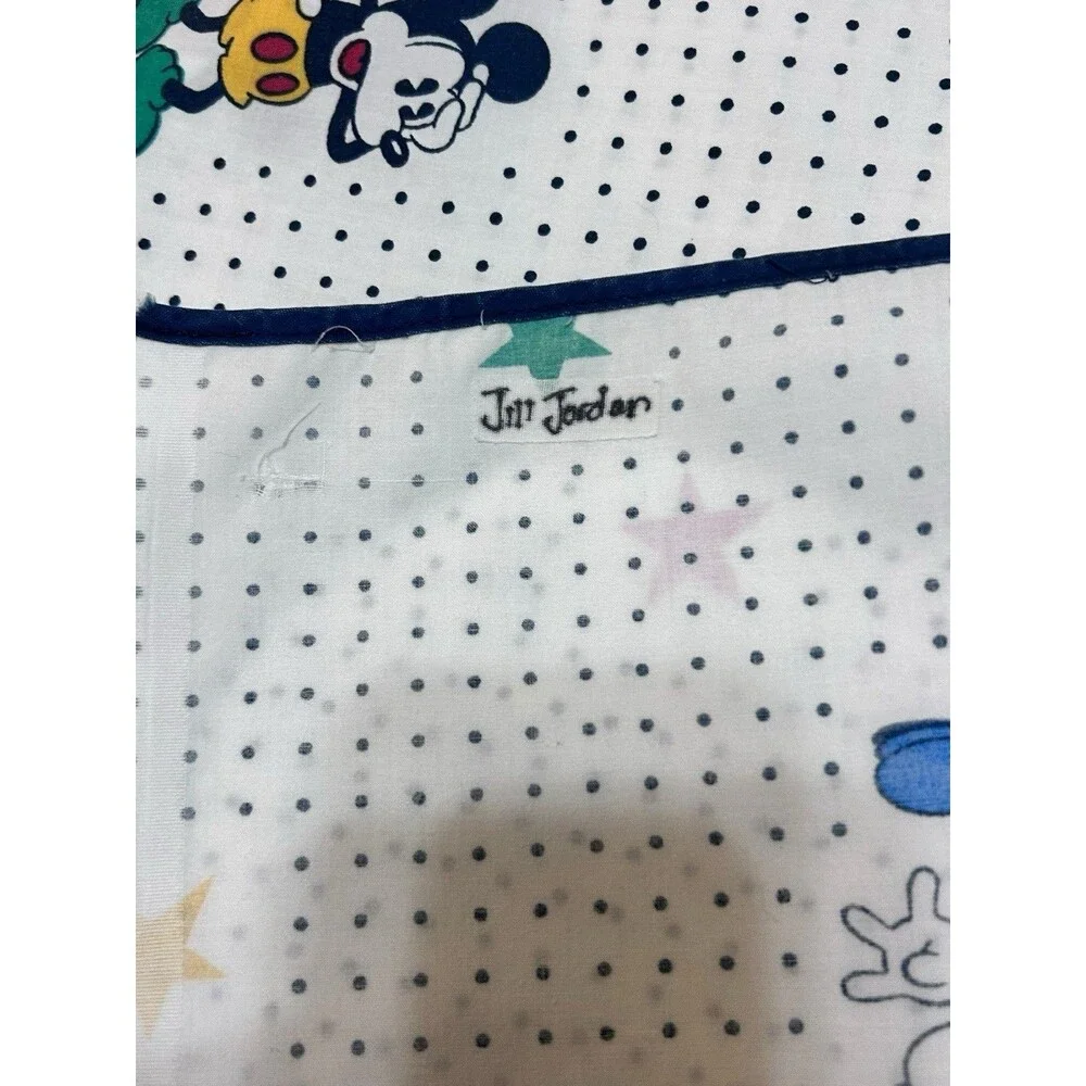Vtg 90s Disney Mickey Mouse Flat Sheet Full White Navy Polka Dots Primary Stars